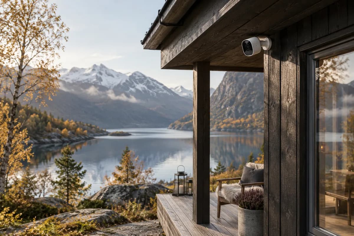 Illustrasjonsbilde av en norsk hytte med kamera ved inngangen