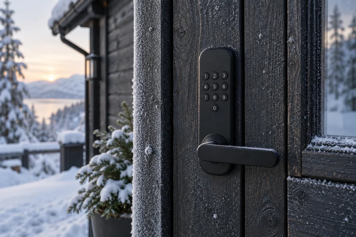 Illustrasjon av en elektronisk lås på en snødekt hytte om vinteren
