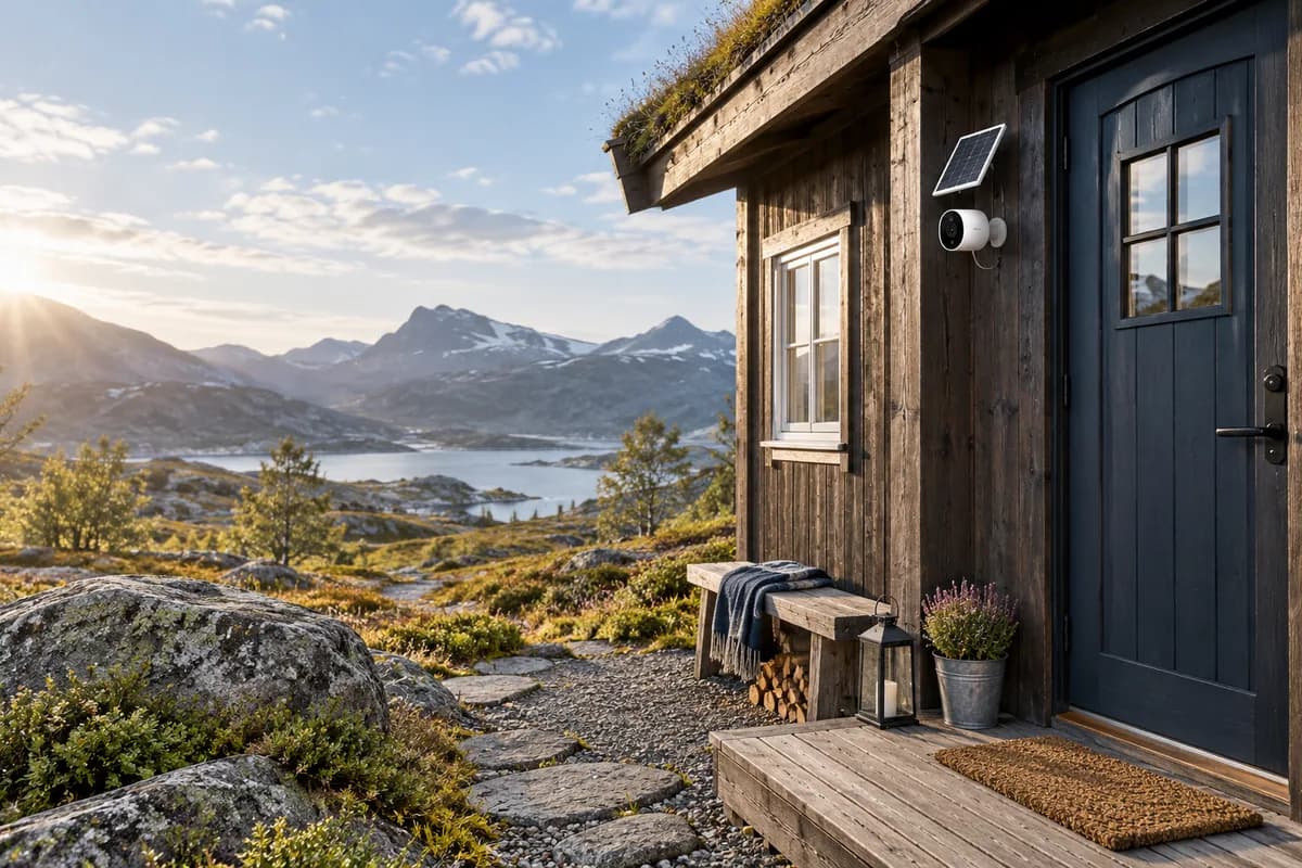 Illustrasjon av batterikamera og lite solcellepanel på en avsidesliggende hytte