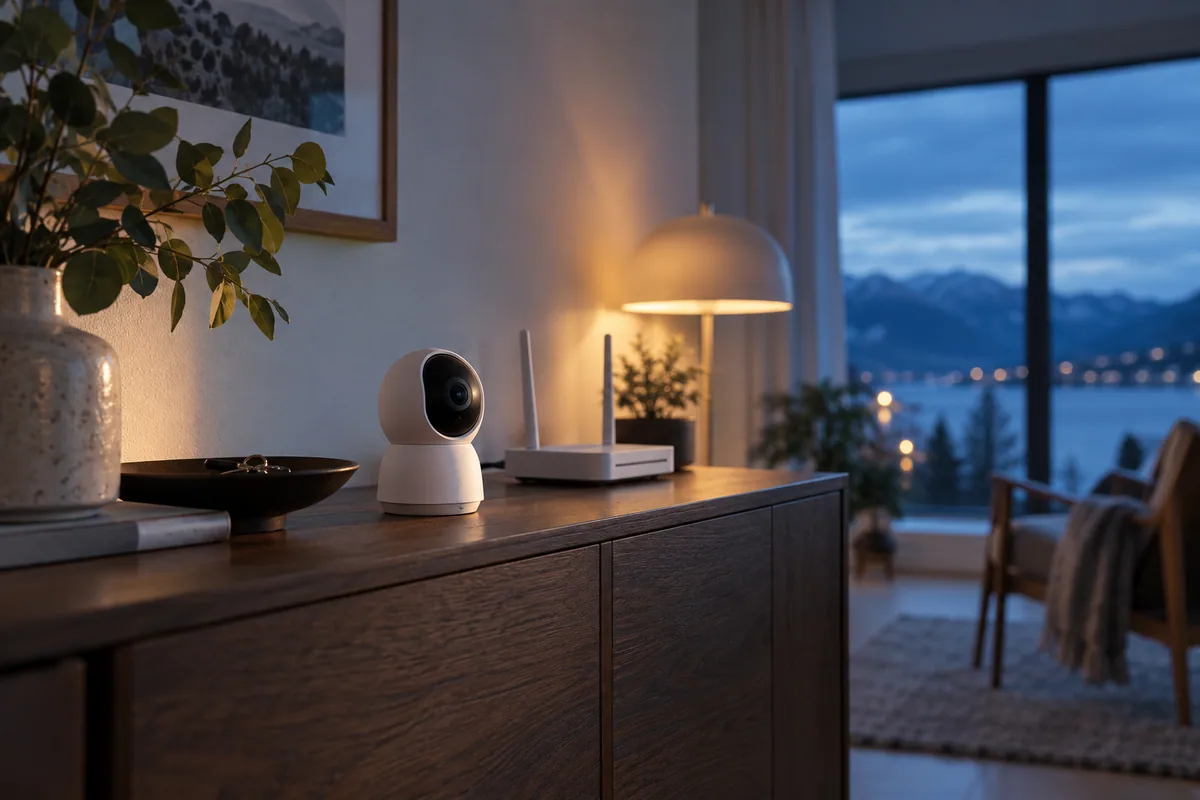 Illustrasjonsbilde av et kamera og en Wi-Fi-ruter i en stue