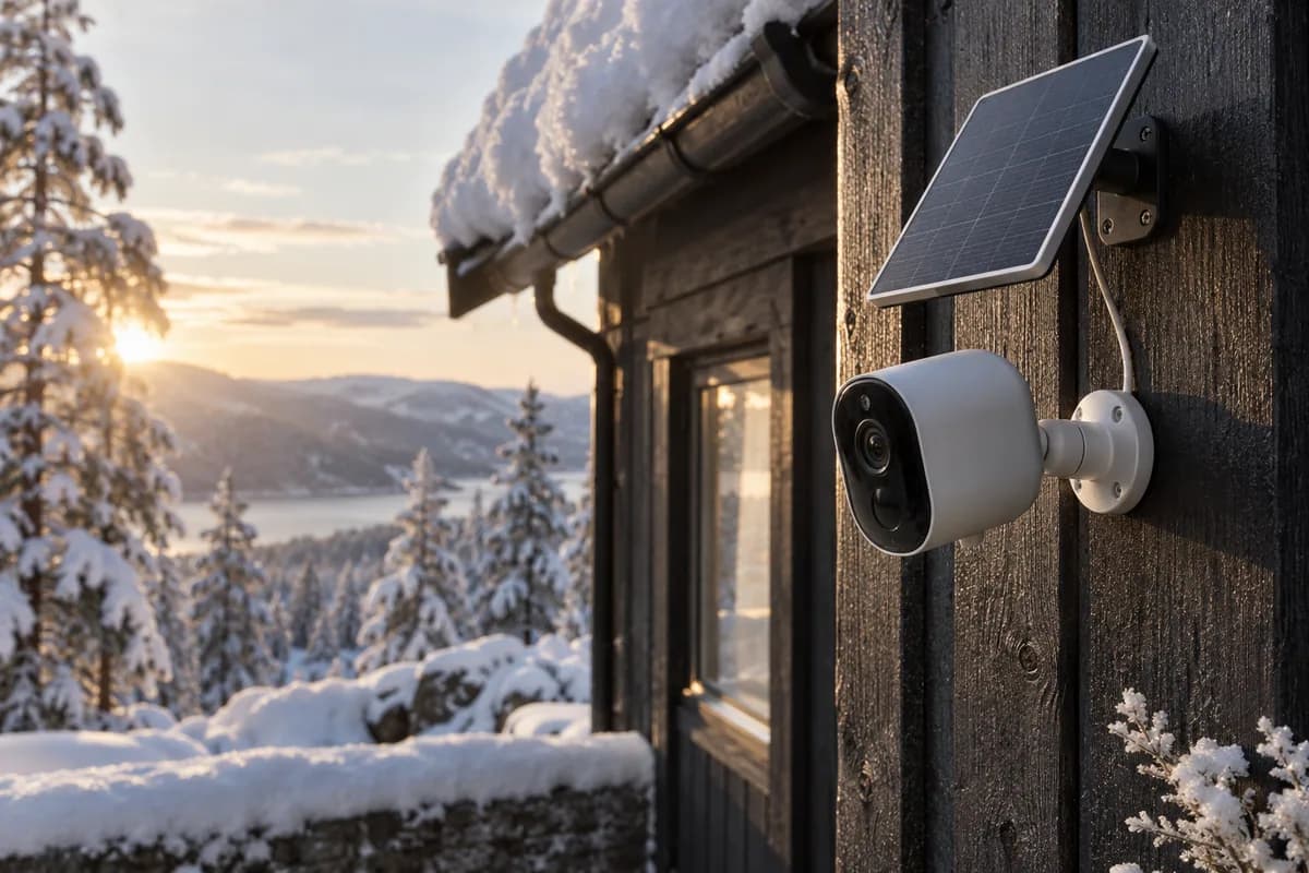 Illustrasjonsbilde av et kamera med solcellepanel på en snødekt hytte